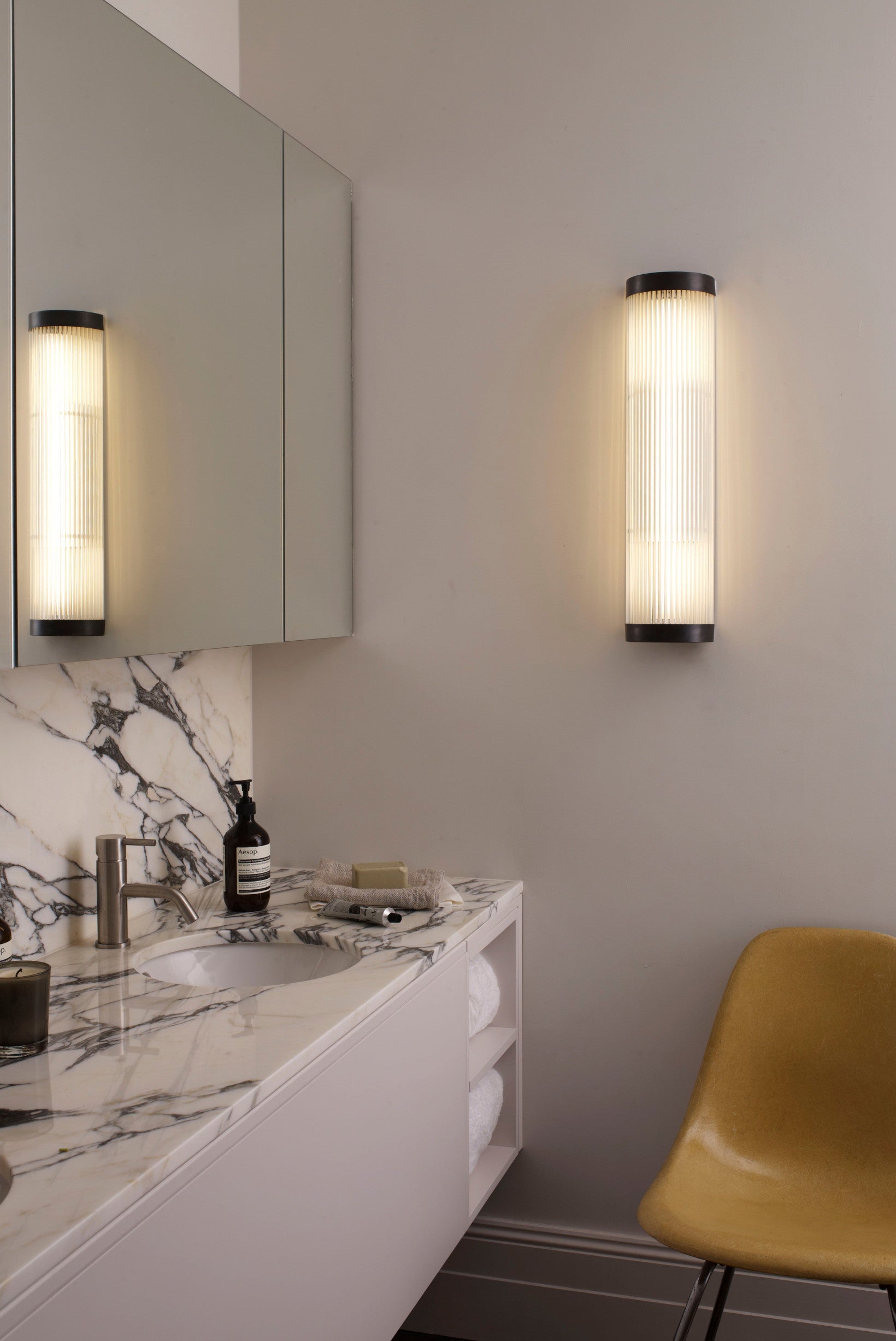 OBTC Lifestyle Image: Contemporary Interior with Wide Pillar Light 60cm, Weathered Brass, Davey Lighting
