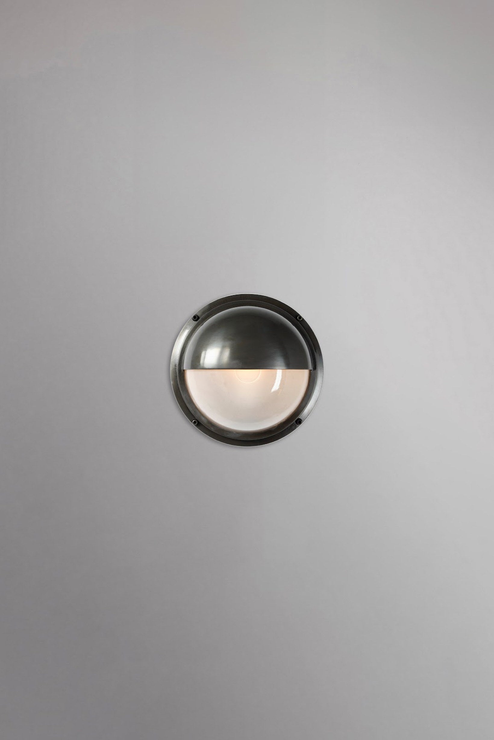 OBTC Product Image, Light Off: Brass Bulkhead with Eyelid Shield 7225, Weathered Brass, Frosted Glass, Davey Lighting Range