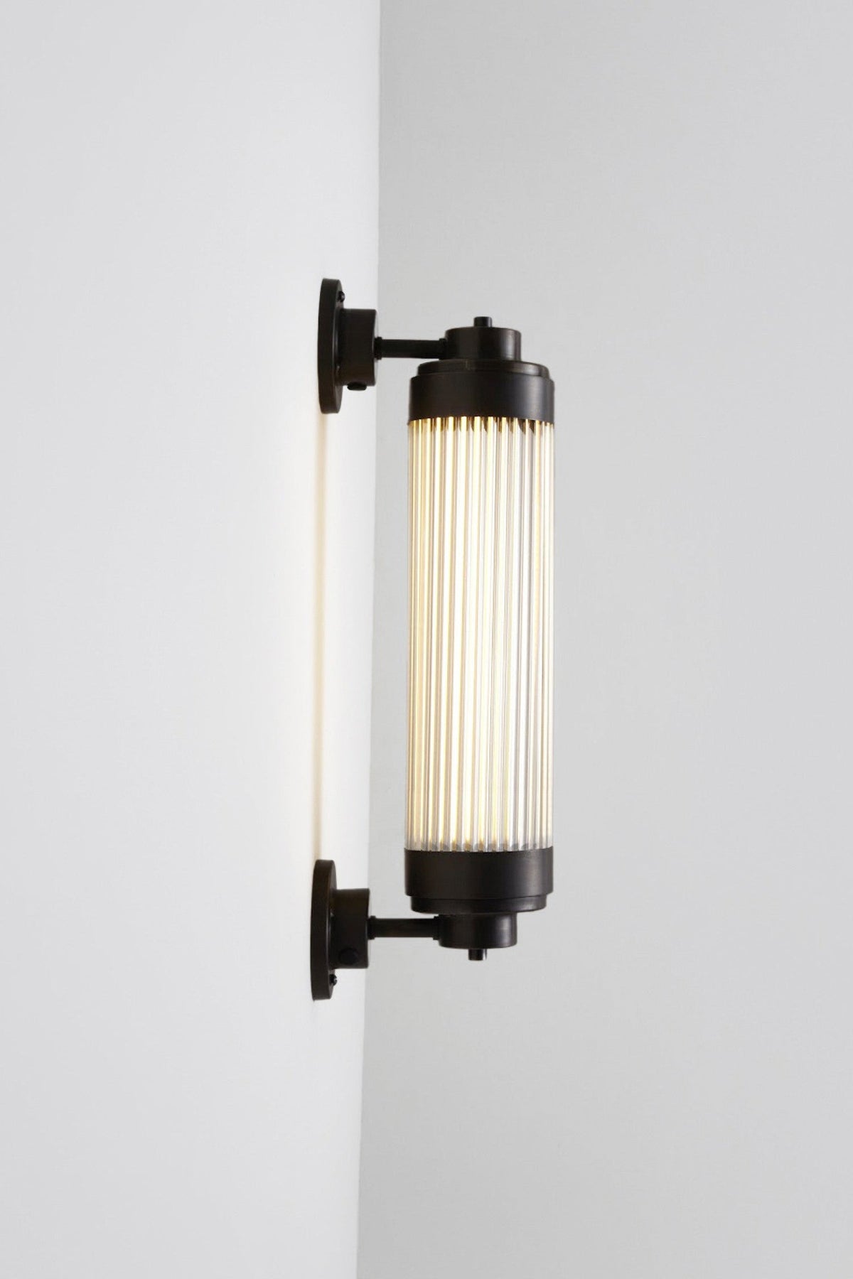 OBTC Product Image, Light On: Pillar Offset Wall Light LED 7216, Weathered Brass, Clear Glass, Davey Lighting Range