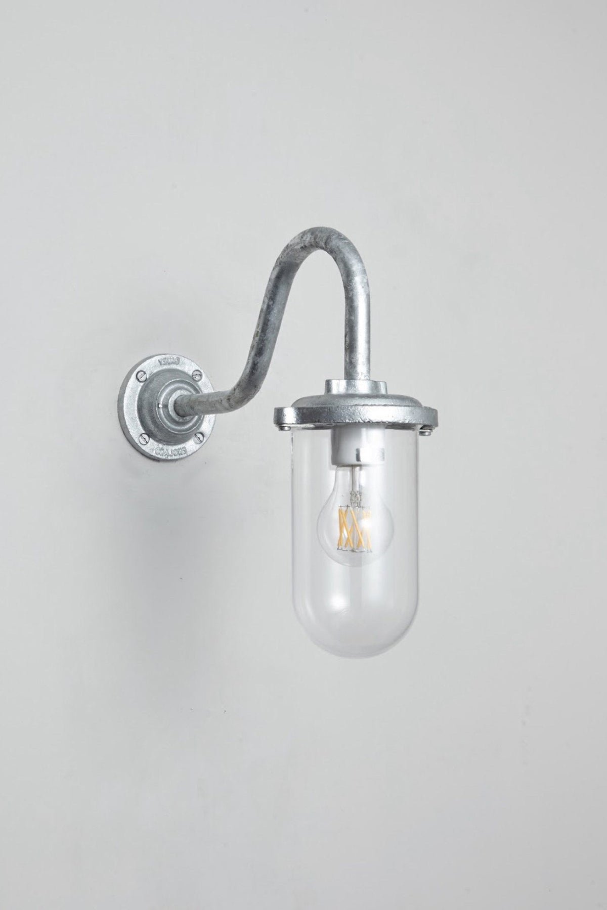 OBTC Product Image, Light Off: Bracket Light, 100W, Round, Swan Neck 7672, Galvanised Silver, Clear Glass, Davey Lighting Range
