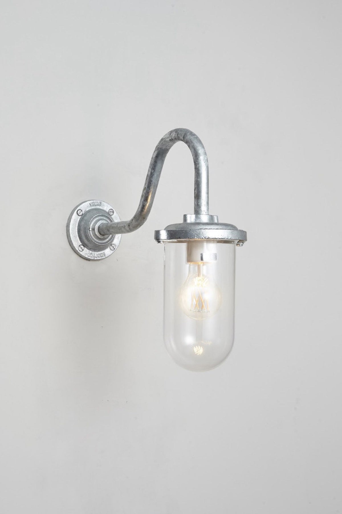 OBTC Product Image, Light On: Bracket Light, 100W, Round, Swan Neck 7672, Galvanised Silver, Clear Glass, Davey Lighting Range