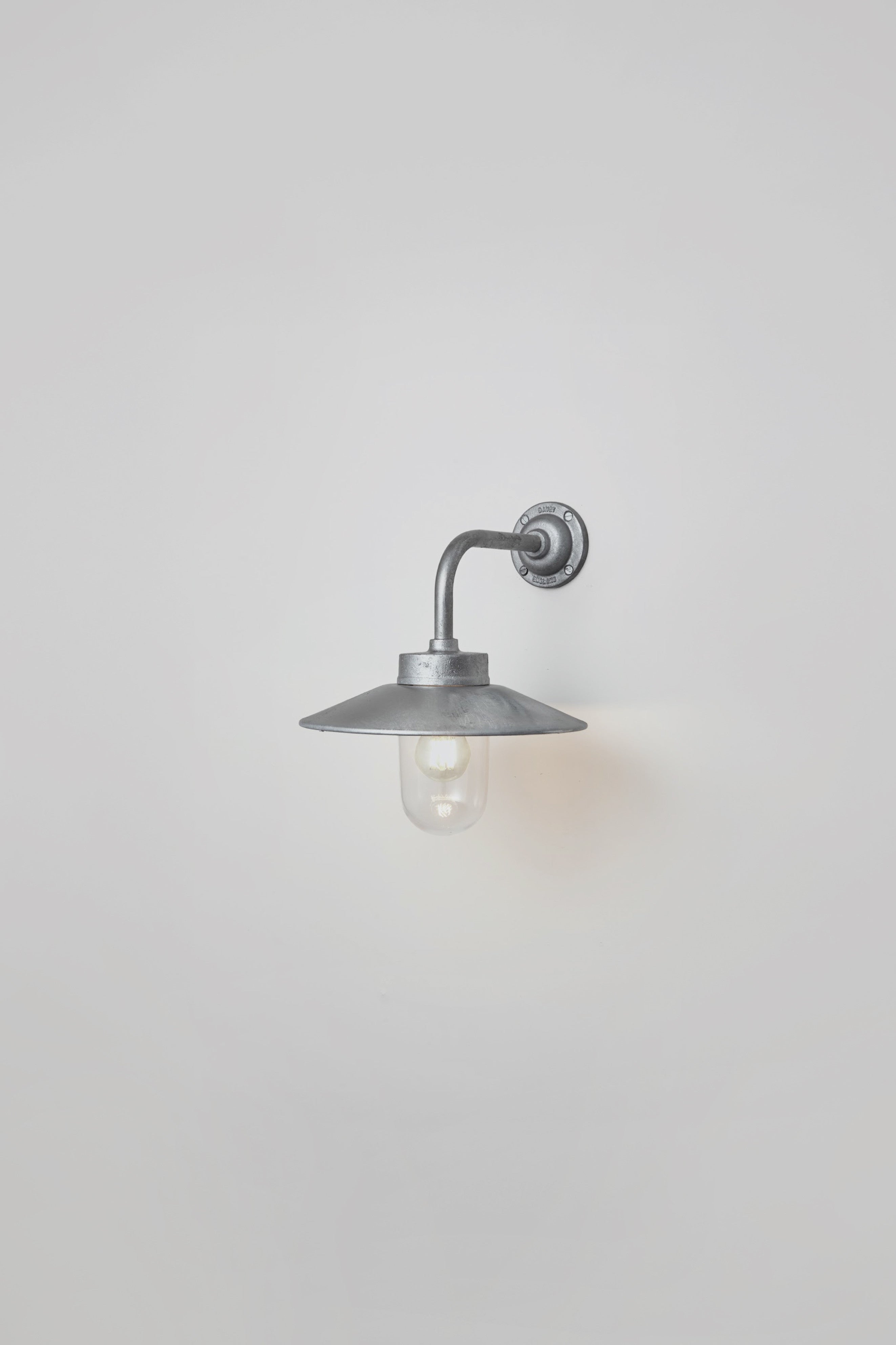 OBTC Product Image, Light On: Exterior Bracket Light, Right Angle, Round 7680, Galvanised Silver, Clear Glass, Davey Lighting Range