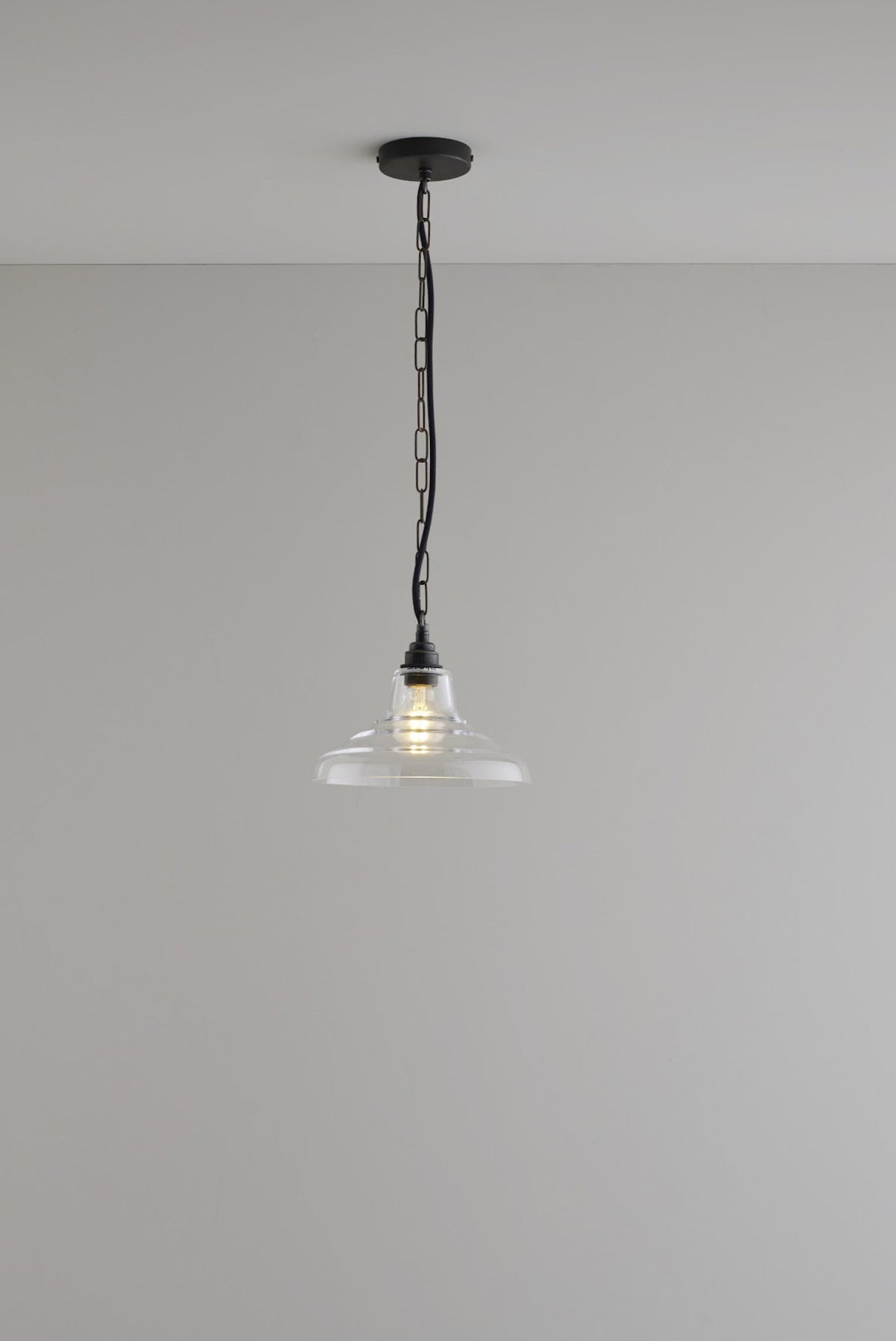 OBTC Product Image, Light On: Glass School Pendant Size 1, Weathered Brass, Clear Glass, Davey Lighting Range