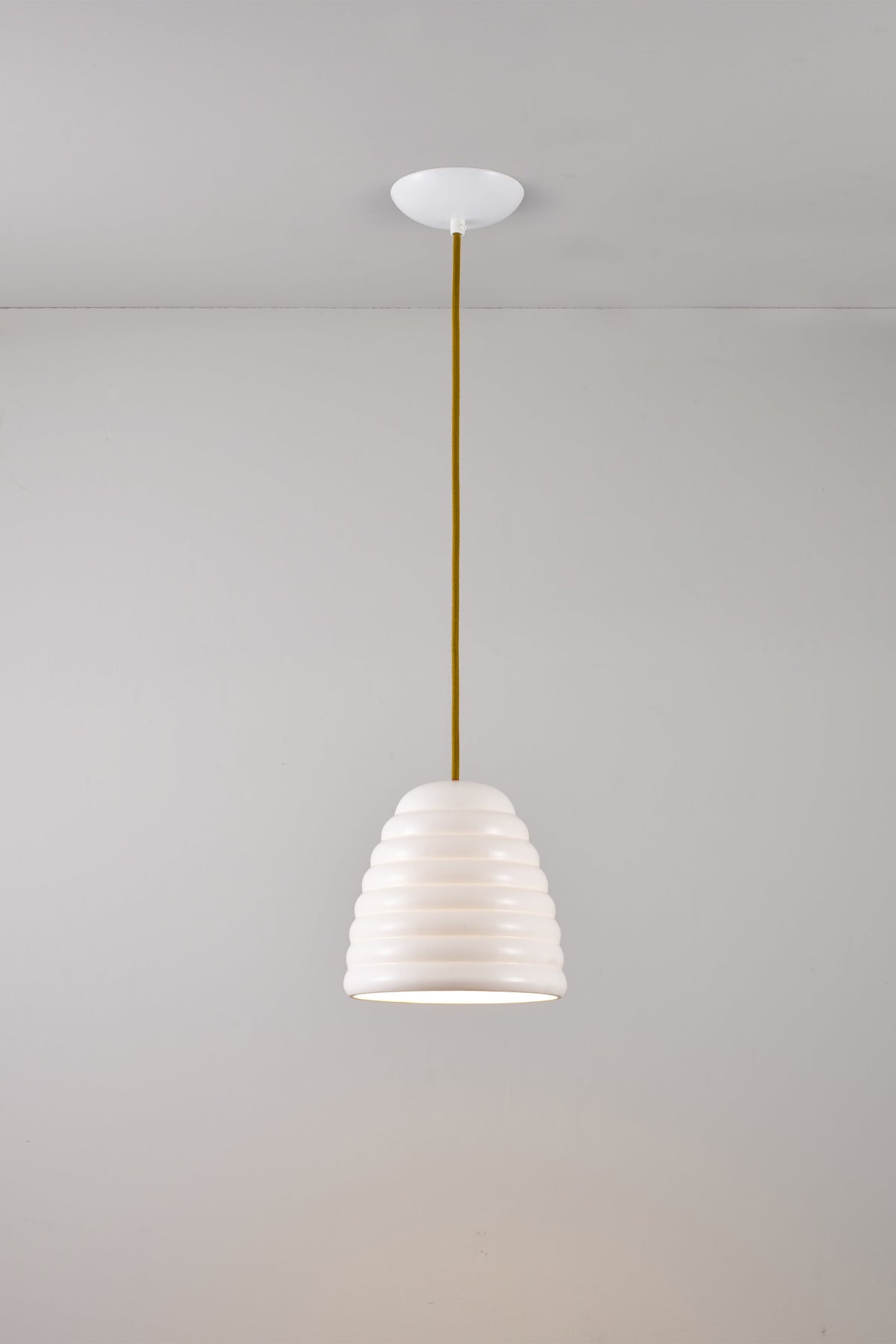 Pendant light fixture hanging against a plain wall