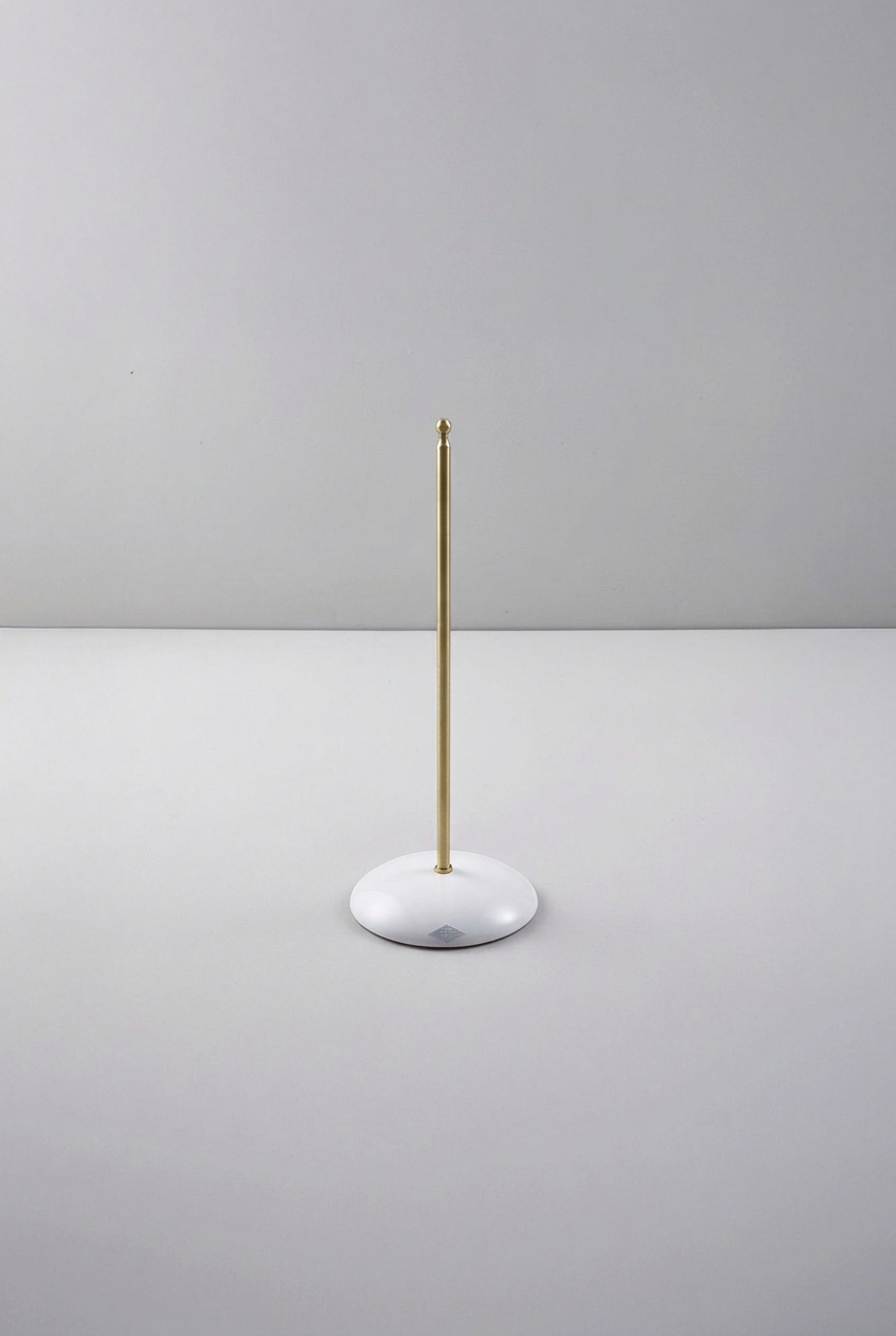 Hector medium table lamp base and pole set, with a white domed base and slender satin brass stem.